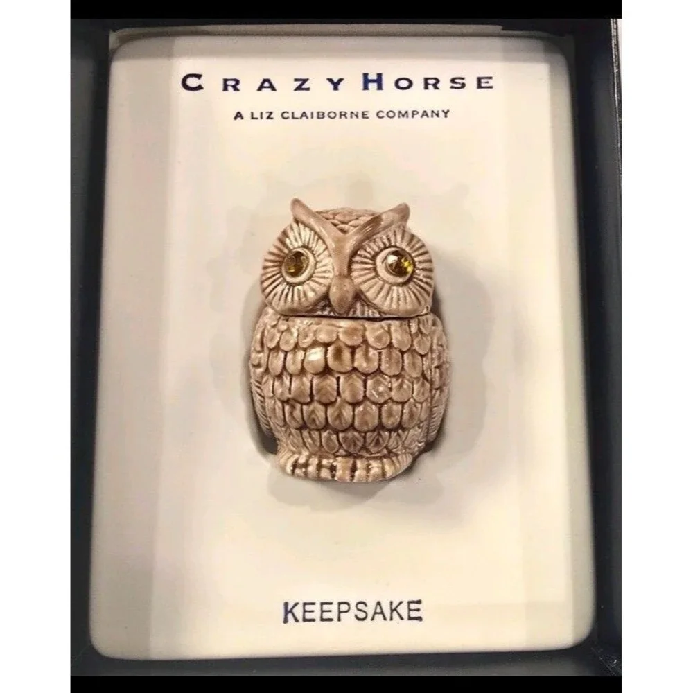Vintage Liz Claiborne Villager Owl Keepsake Trinket Box Rhinestone Eyes
